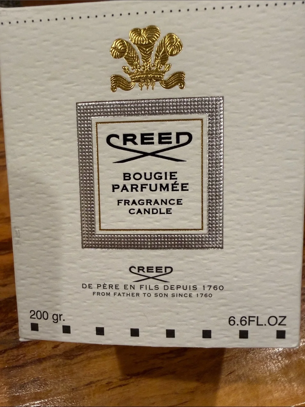 Creed Silver Mountain Water Candle with Signature Gold Trim and Emblem